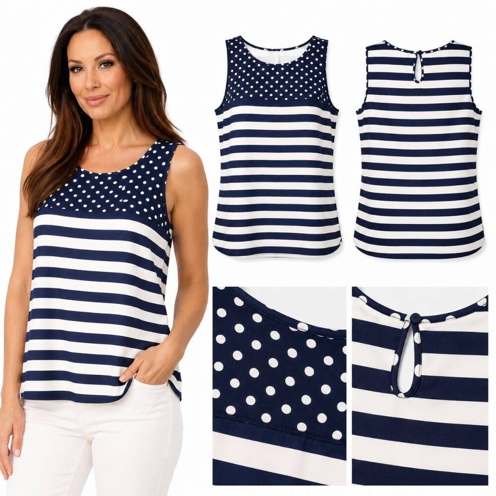 LOFT Women’s Sleeveless Mixed Print Tank Top Size S Navy Blue Polka Dot Stripe B